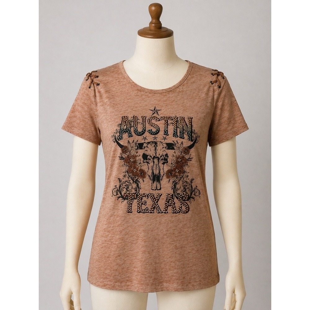 CATO Austin Texas Graphic Tee Lace-Up Shoulder Skull Floral Western Women MEDIUM